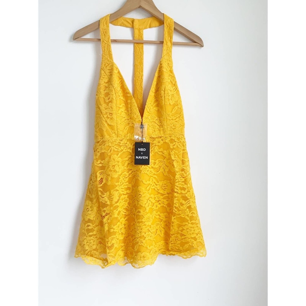 NWT NBD x Naven Dress in Bright Yellow Gold Mini Skater Lace Mini - Picture 3 of 9